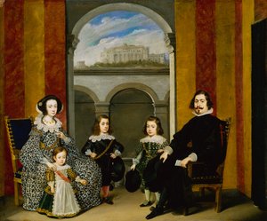Francesco Tapia, Conde del Vasto, con su familia sentados en un interior del Palazzo Tapia con una vista del Castello di Sant Elmo de Wolfgang Heimbach